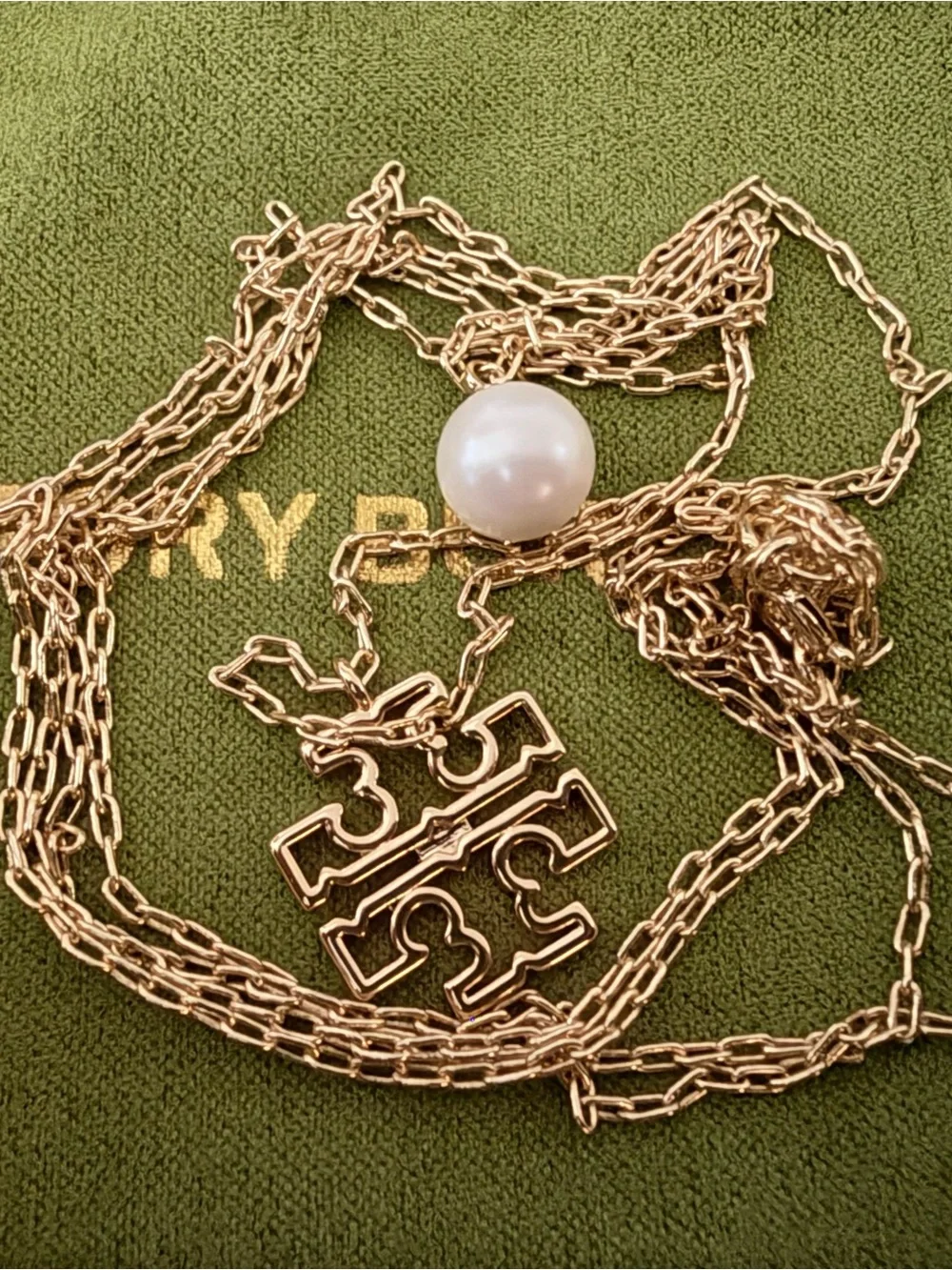Tory Burch Gold Double Layered Logo and White Faux Pearl Pendant